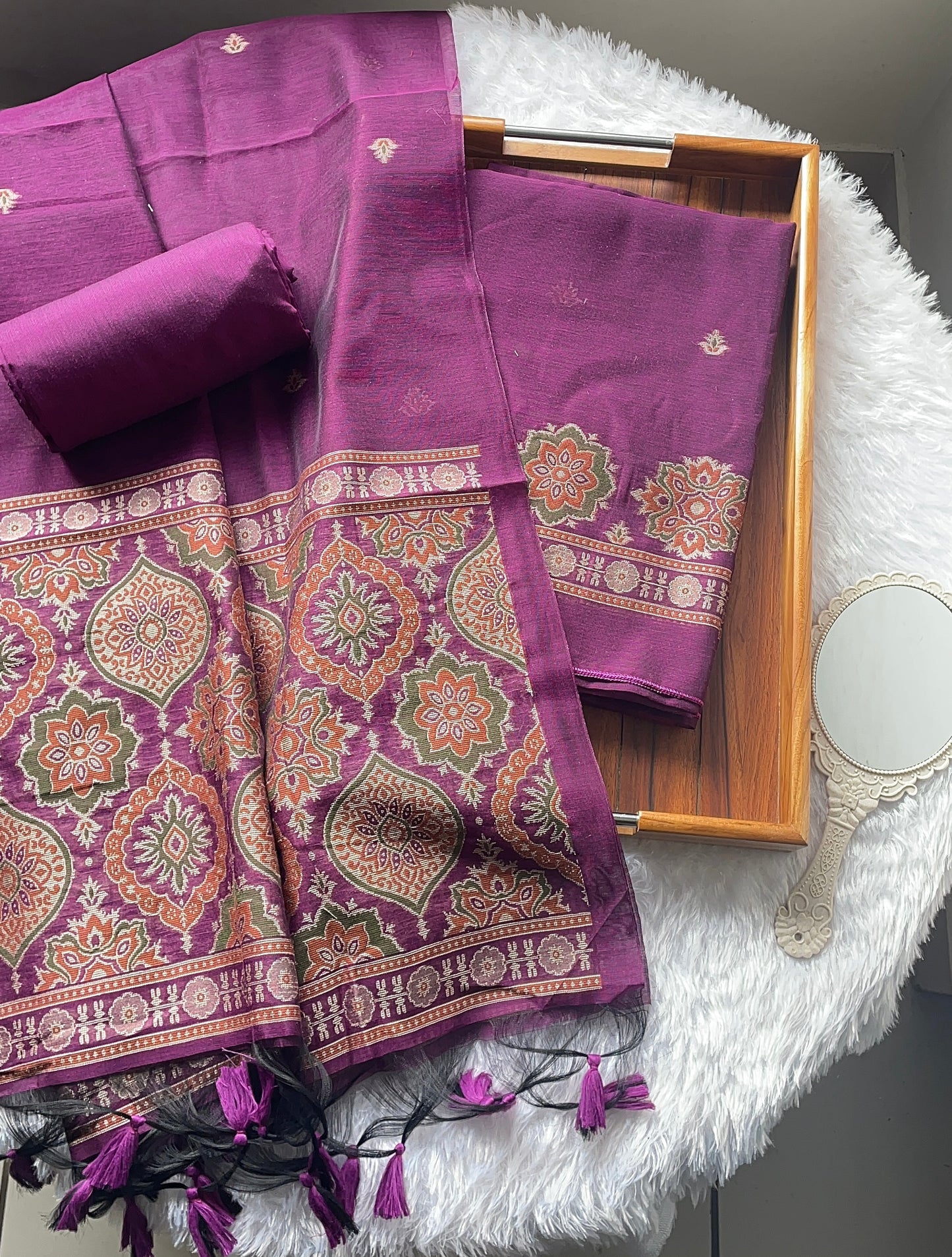 Raw & Radiant Wine Ajrakh Muga Cotton Unstitched Suit Set