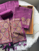 Raw & Radiant Wine Ajrakh Muga Cotton Unstitched Suit Set