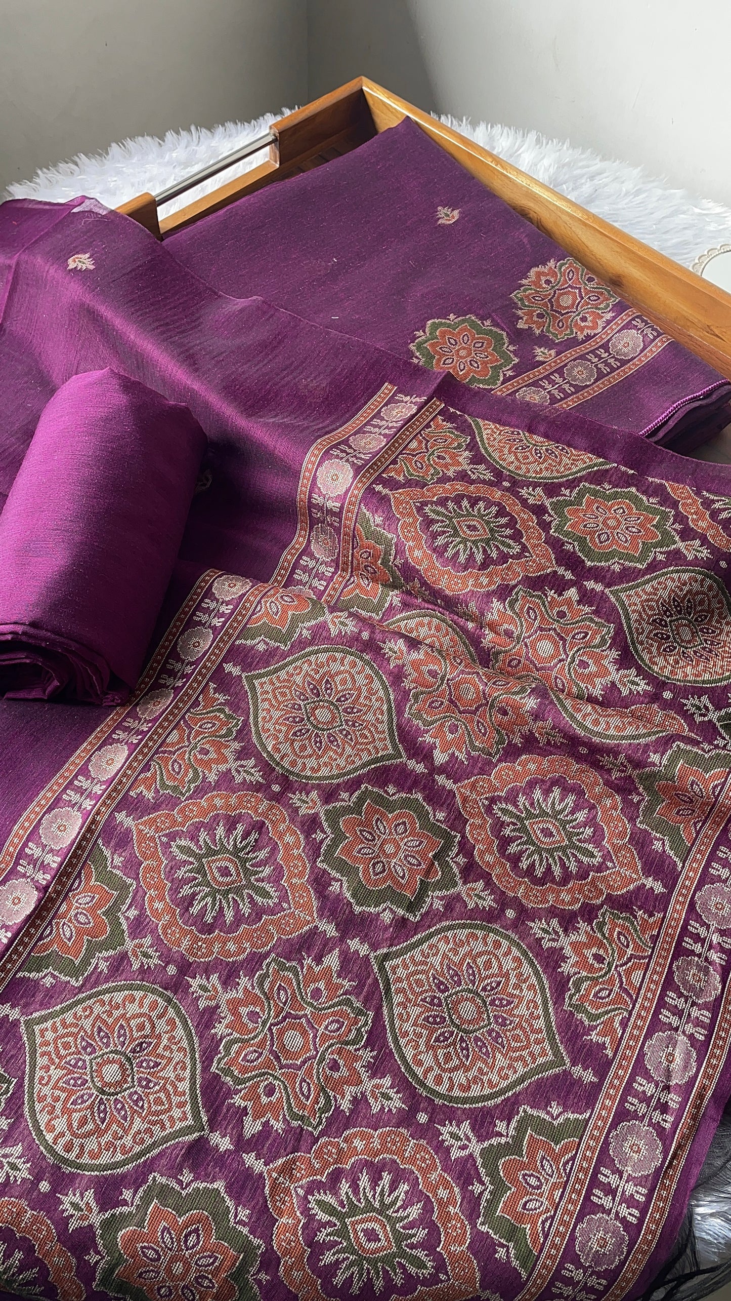 Raw & Radiant Wine Ajrakh Muga Cotton Unstitched Suit Set