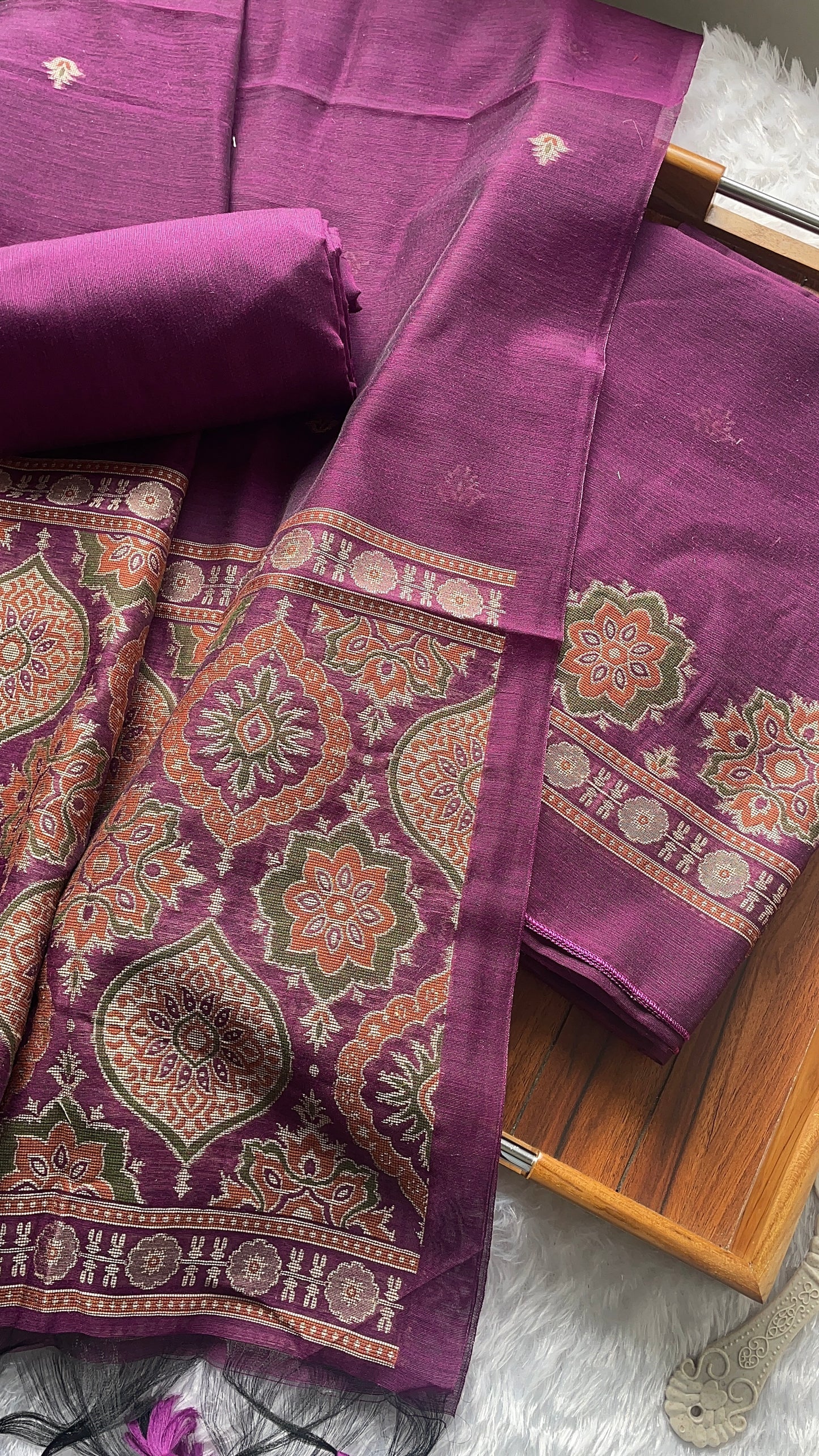 Raw & Radiant Wine Ajrakh Muga Cotton Unstitched Suit Set