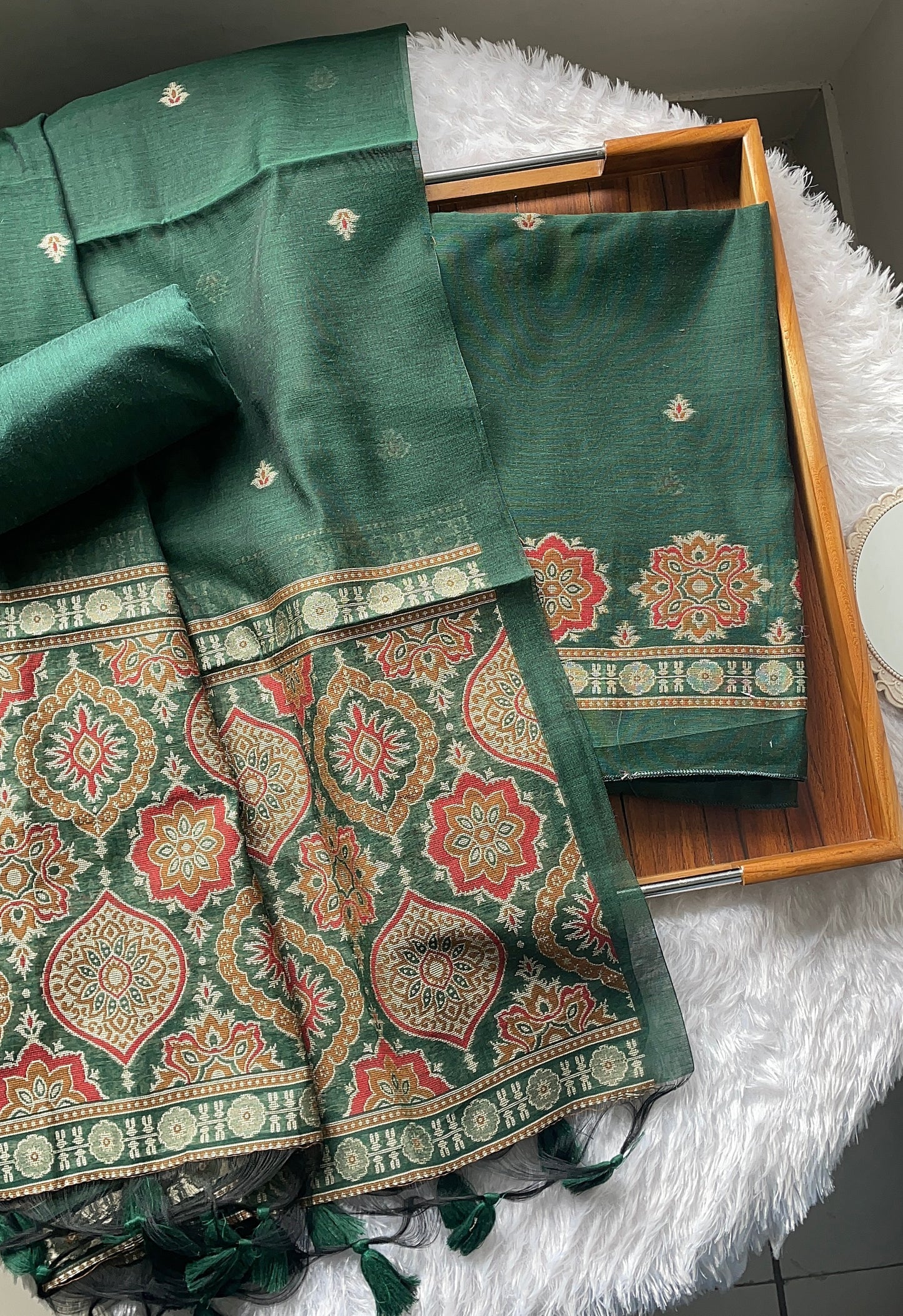 Raw & Radiant Dark Green Ajrakh Muga Cotton Unstitched Suit Set