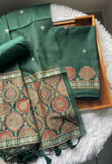 Raw & Radiant Dark Green Ajrakh Muga Cotton Unstitched Suit Set