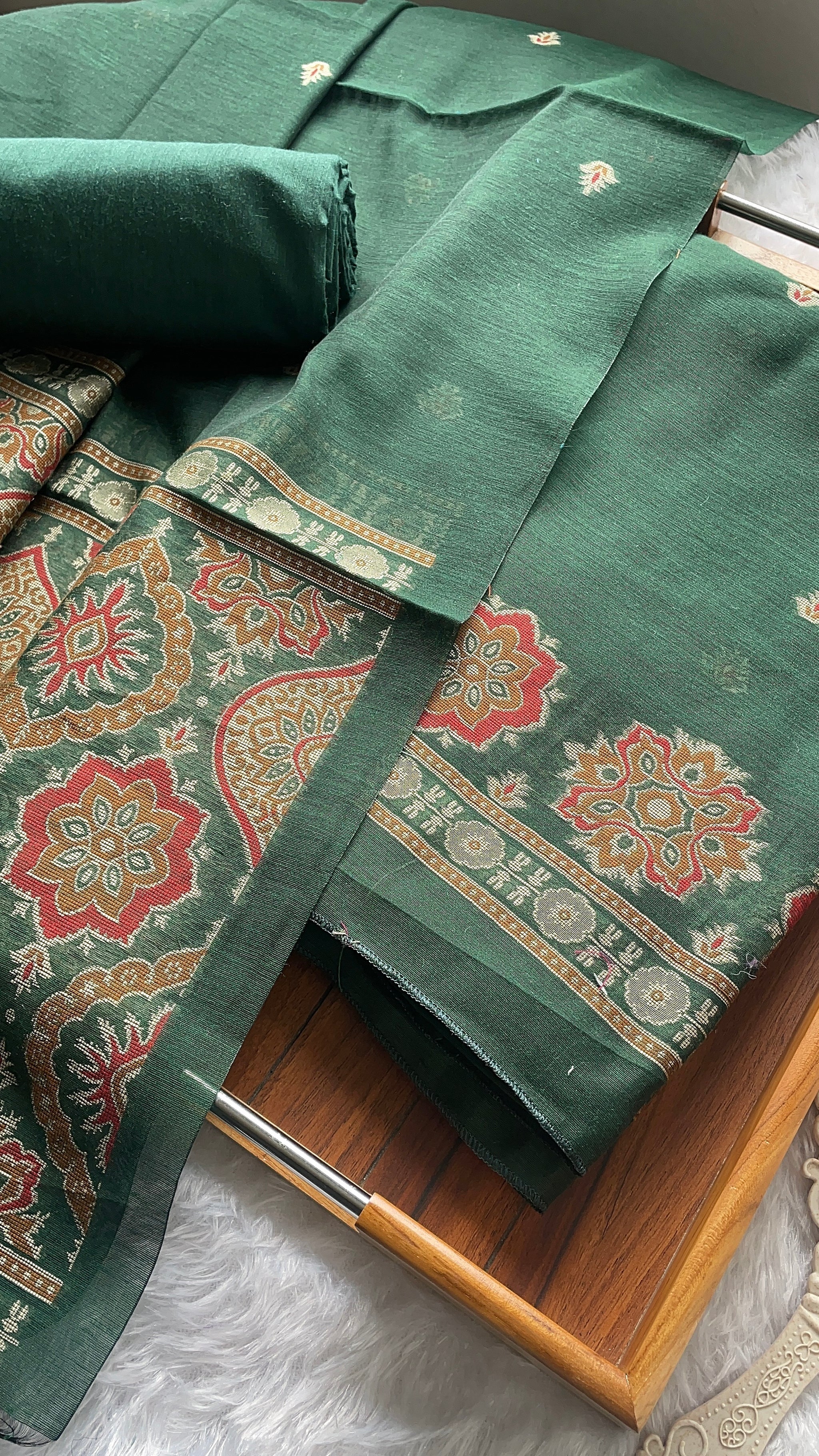 Raw & Radiant Dark Green Ajrakh Muga Cotton Unstitched Suit Set