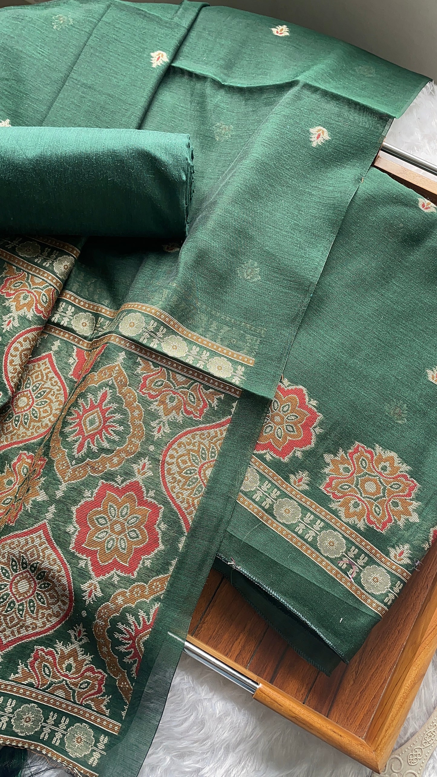 Raw & Radiant Dark Green Ajrakh Muga Cotton Unstitched Suit Set