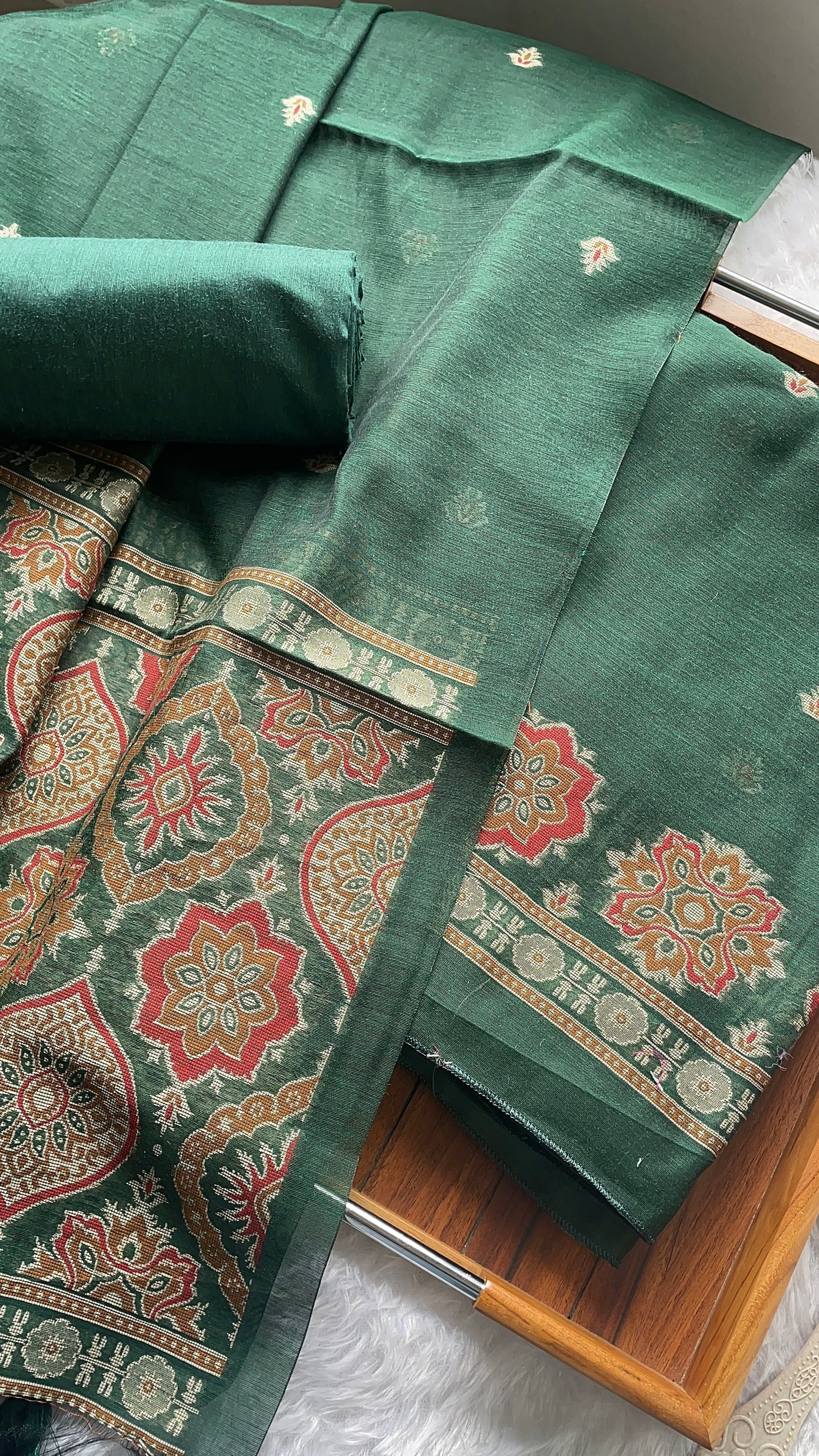 Raw & Radiant Dark Green Ajrakh Muga Cotton Unstitched Suit Set
