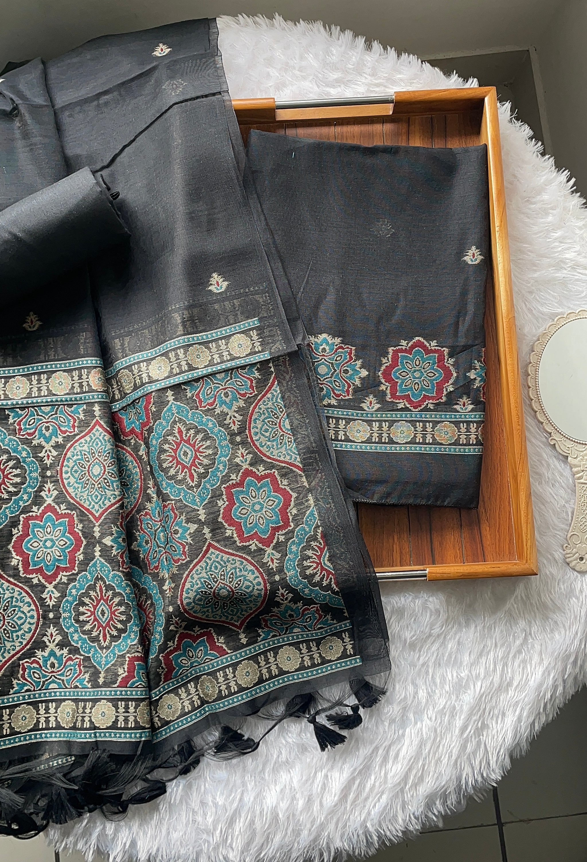 Raw & Radiant Black Ajrakh Muga Cotton Unstitched Suit Set