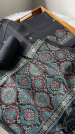 Load image into Gallery viewer, Raw &amp; Radiant Black Ajrakh Muga Cotton Unstitched Suit Set
