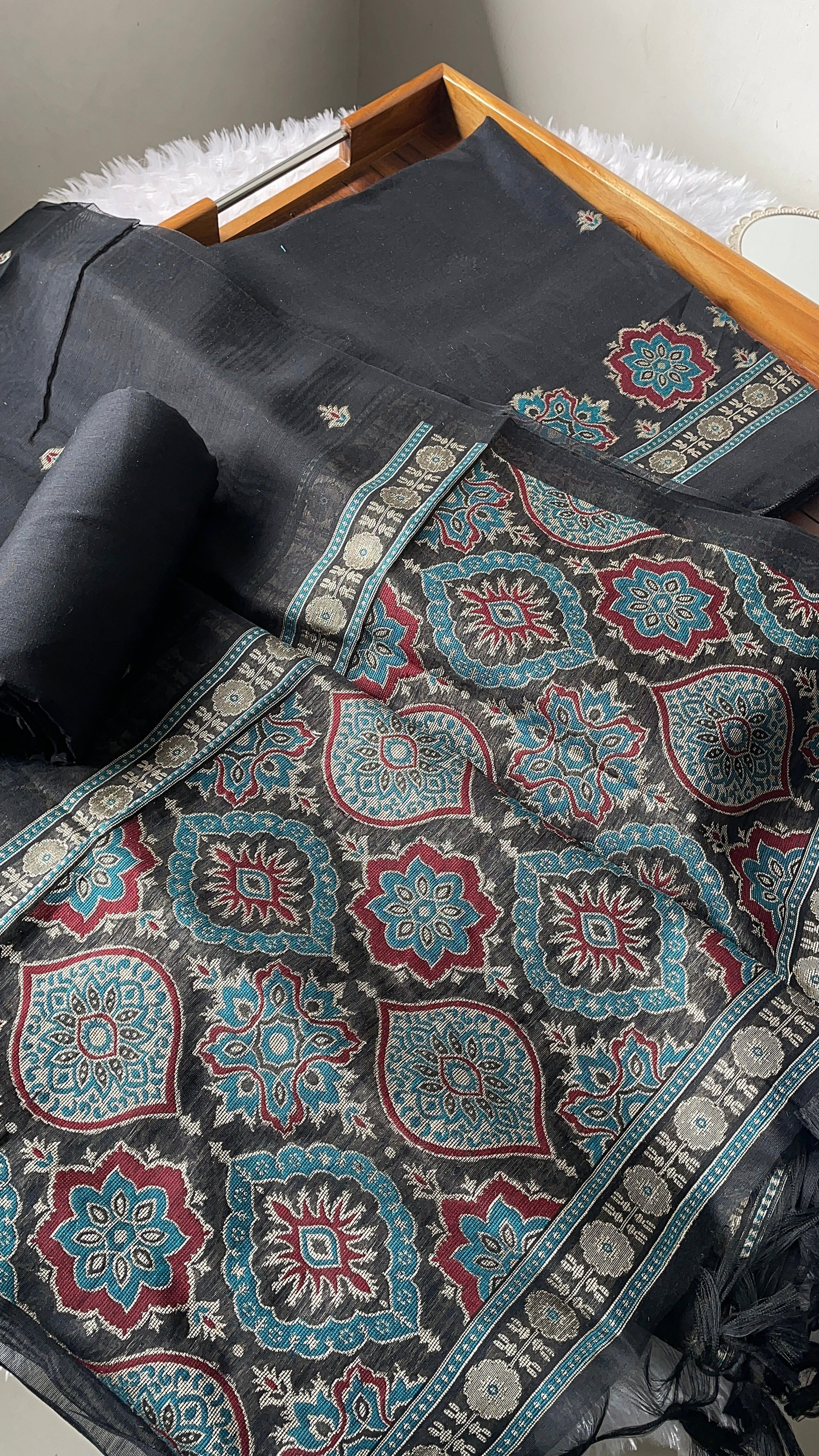 Raw & Radiant Black Ajrakh Muga Cotton Unstitched Suit Set