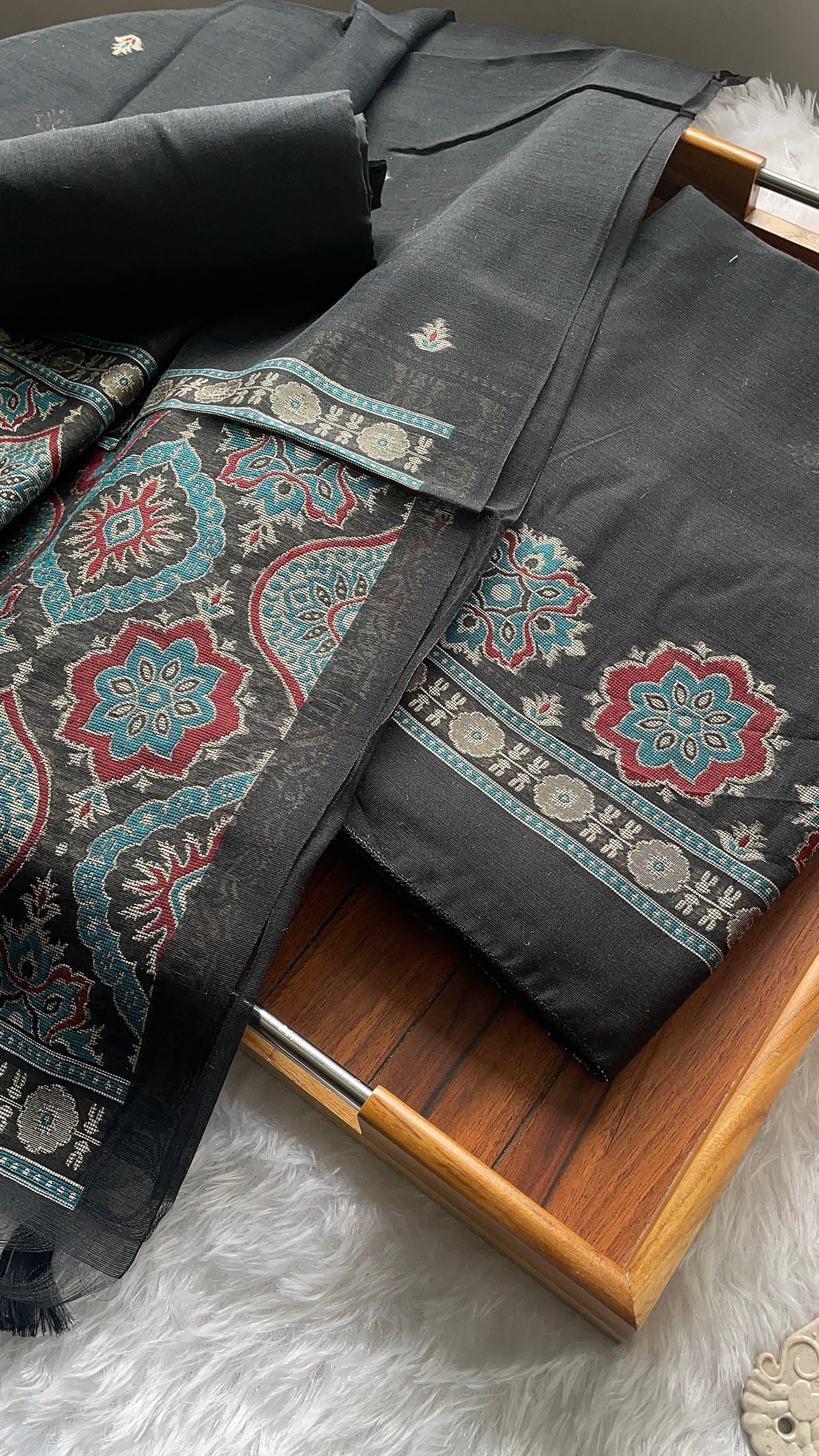 Raw & Radiant Black Ajrakh Muga Cotton Unstitched Suit Set