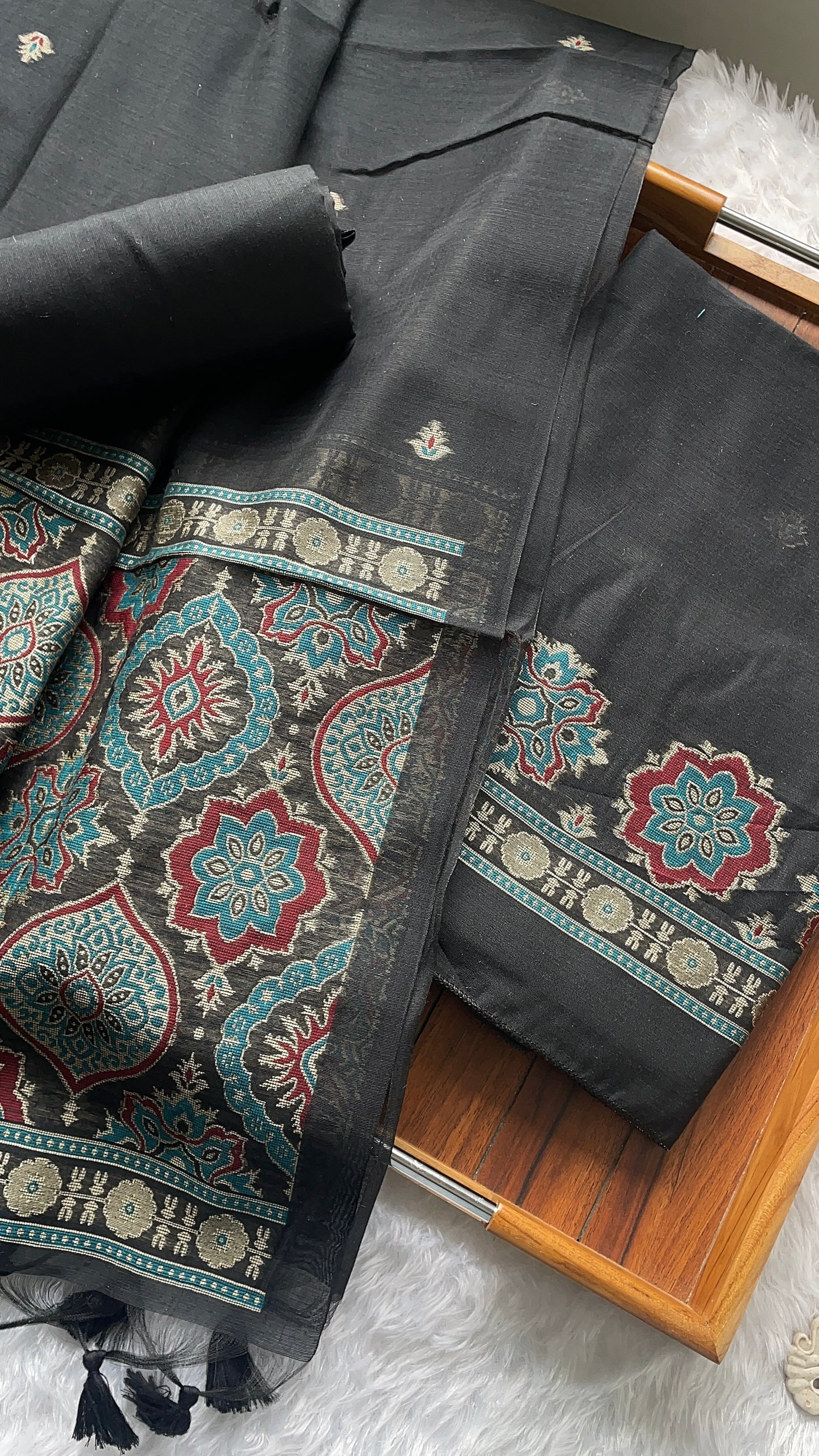 Raw & Radiant Black Ajrakh Muga Cotton Unstitched Suit Set