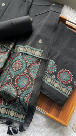Load image into Gallery viewer, Raw &amp; Radiant Black Ajrakh Muga Cotton Unstitched Suit Set
