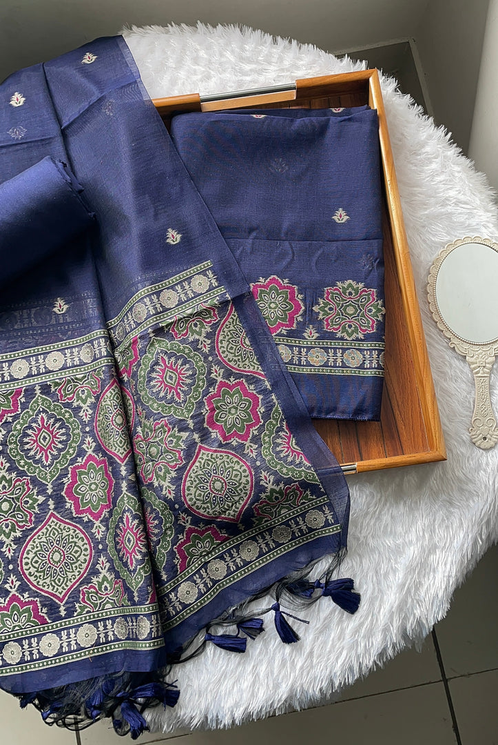 Raw & Radiant Navy Ajrakh Muga Cotton Unstitched Suit Set