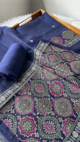 Raw & Radiant Navy Ajrakh Muga Cotton Unstitched Suit Set