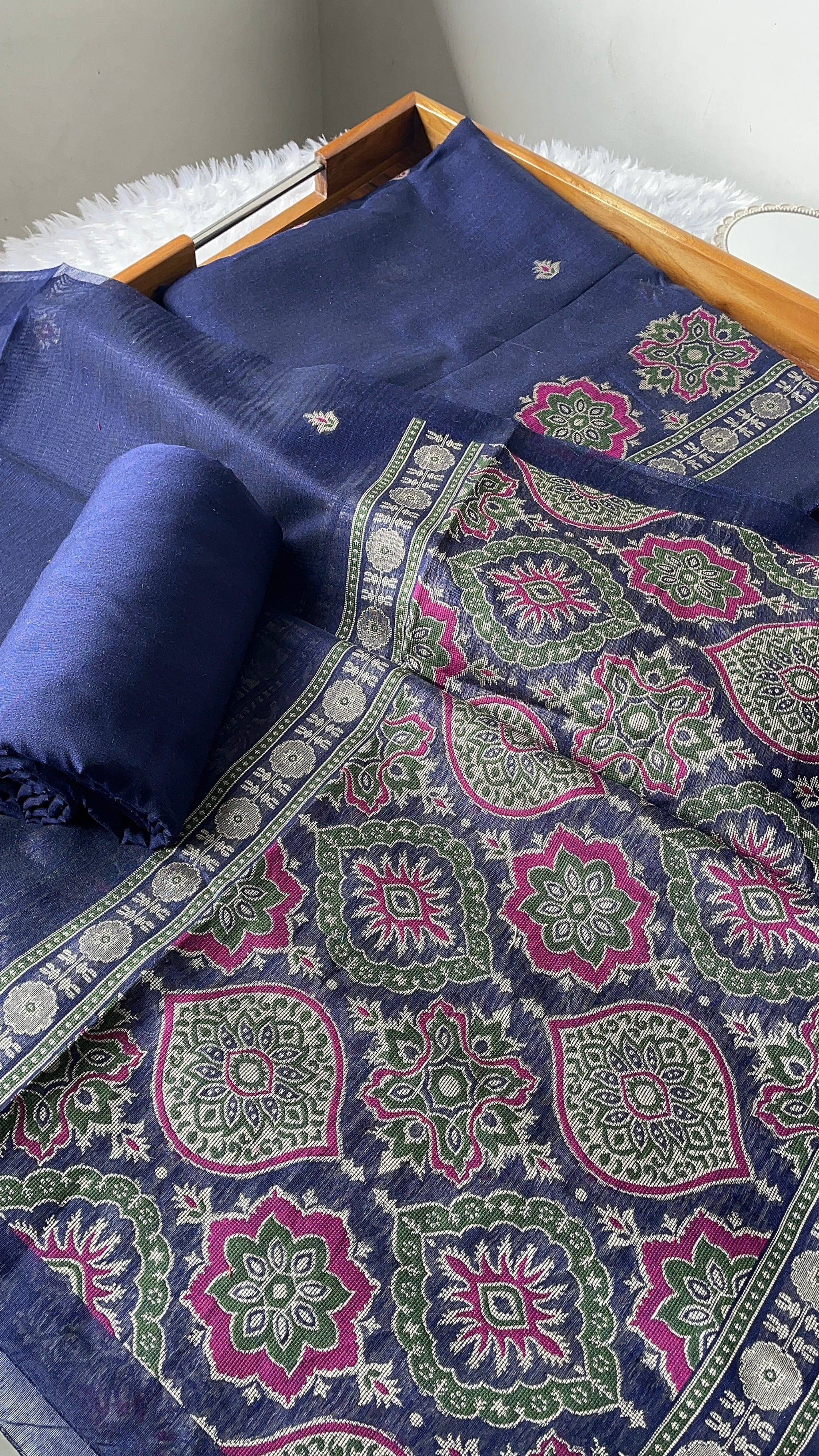 Raw & Radiant Navy Ajrakh Muga Cotton Unstitched Suit Set