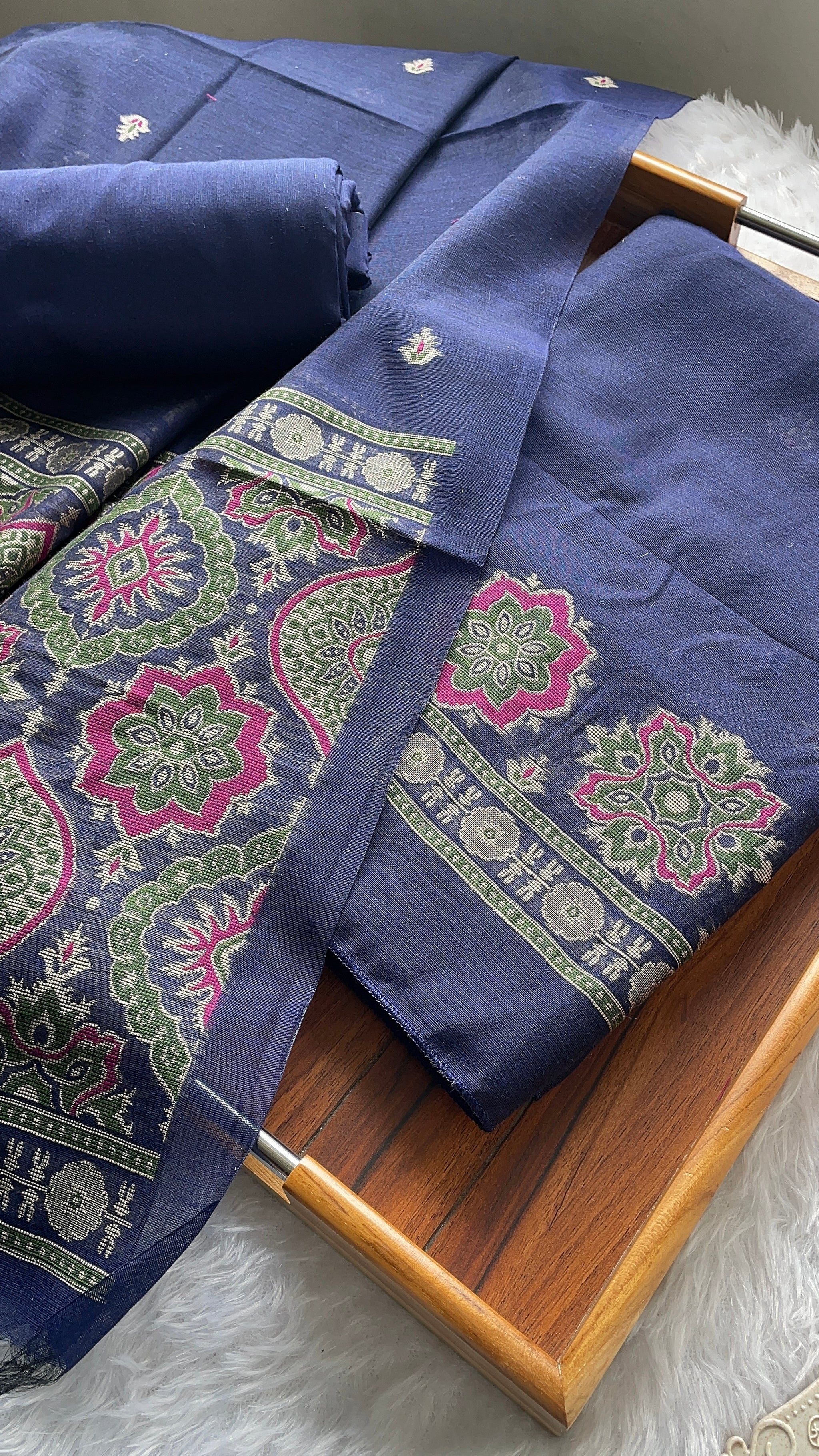 Raw & Radiant Navy Ajrakh Muga Cotton Unstitched Suit Set