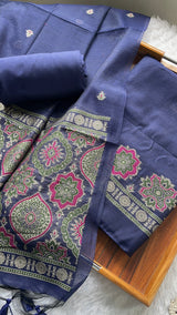 Raw & Radiant Navy Ajrakh Muga Cotton Unstitched Suit Set