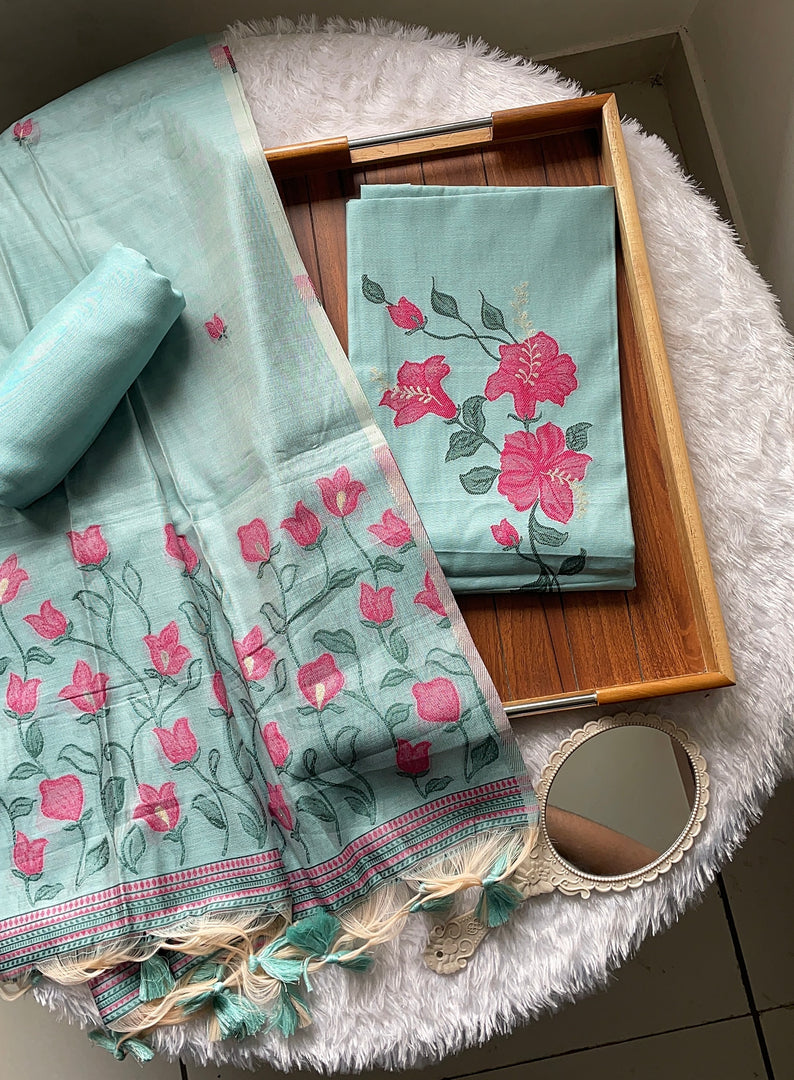 Simply Style Pastel Aqua Blue Muslin Cotton Unstitched Suit Set