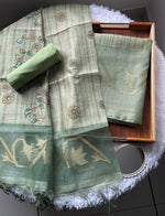 Load image into Gallery viewer, Fabric Couture Sage Green Tussar Silk Unstitched Suit Set
