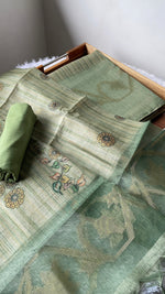 Load image into Gallery viewer, Fabric Couture Sage Green Tussar Silk Unstitched Suit Set
