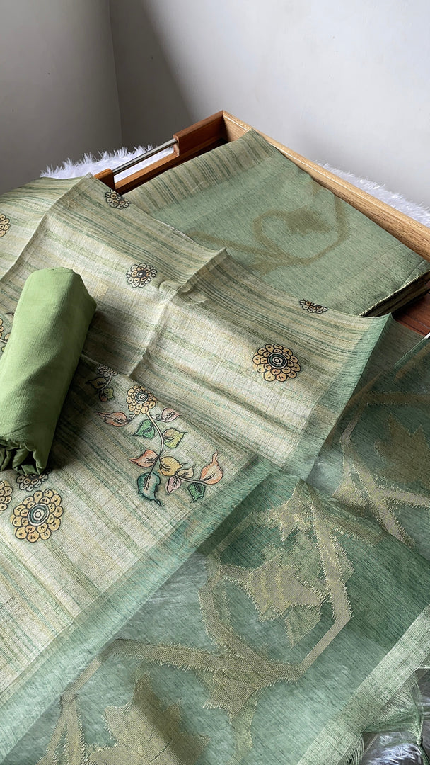 Fabric Couture Sage Green Tussar Silk Unstitched Suit Set