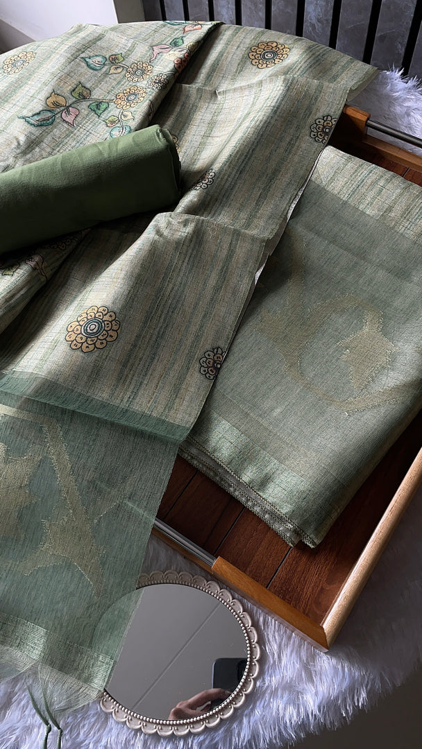 Fabric Couture Sage Green Tussar Silk Unstitched Suit Set