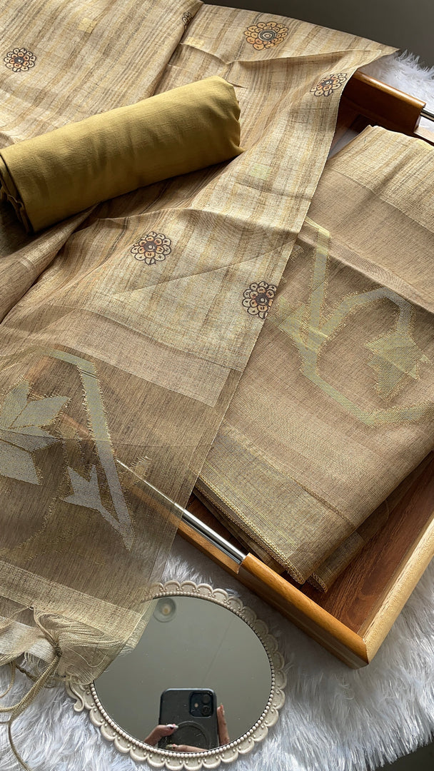 Fabric Couture Olive Green Tussar Silk Unstitched Suit Set