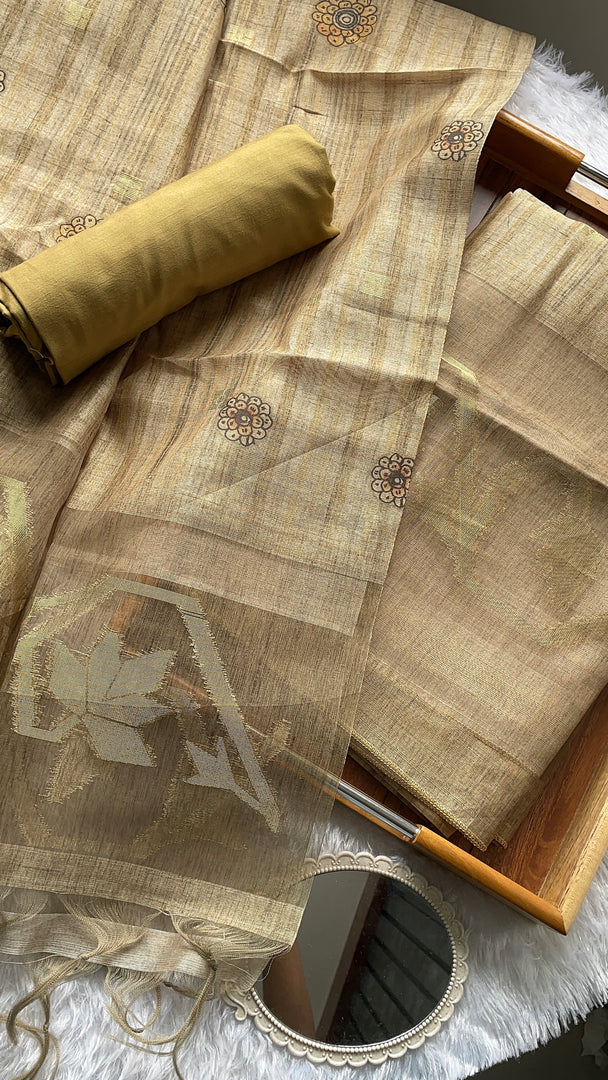 Fabric Couture Olive Green Tussar Silk Unstitched Suit Set