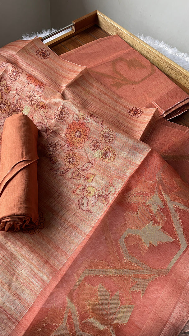 Fabric Couture Peachy Orange Tussar Silk Unstitched Suit Set