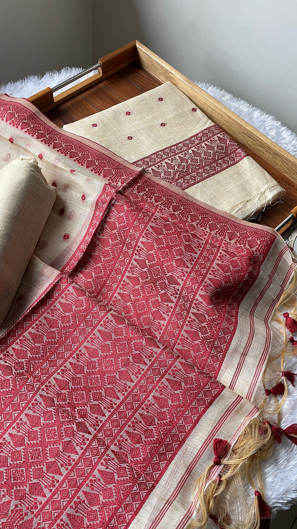 Loomed Luxury Red Jamdani Muga Cotton Unstitched Suit Set