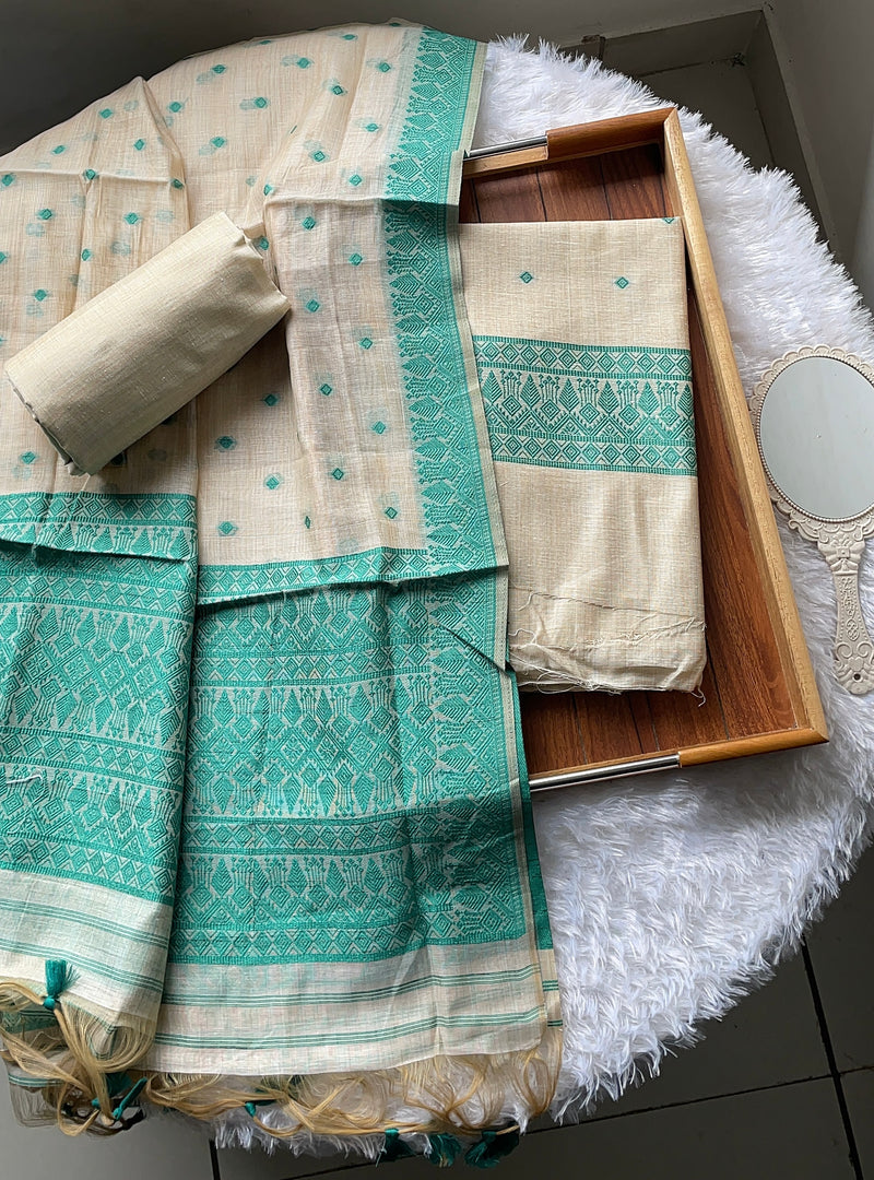 Loomed Luxury Turquoise Jamdani Muga Cotton Unstitched Suit Set