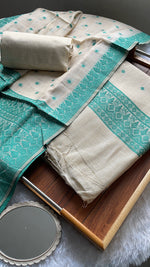 Load image into Gallery viewer, Loomed Luxury Turquoise Jamdani Muga Cotton Unstitched Suit Set
