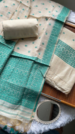 Load image into Gallery viewer, Loomed Luxury Turquoise Jamdani Muga Cotton Unstitched Suit Set
