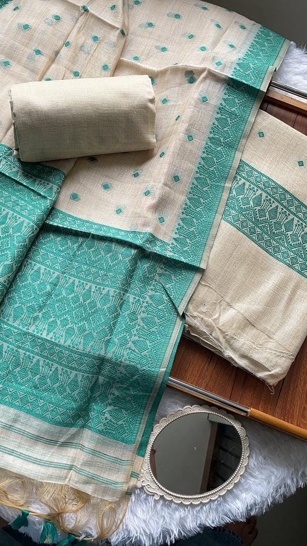 Loomed Luxury Turquoise Jamdani Muga Cotton Unstitched Suit Set