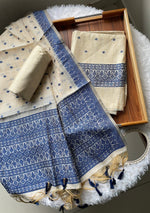 Load image into Gallery viewer, Loomed Luxury Navy Jamdani Muga Cotton Unstitched Suit Set
