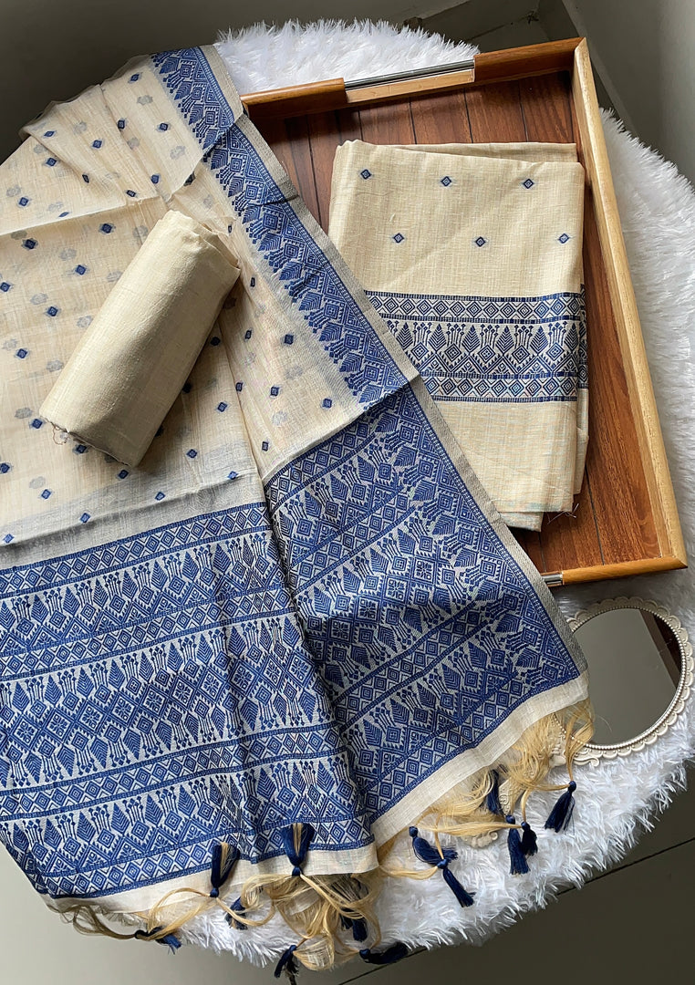 Loomed Luxury Navy Jamdani Muga Cotton Unstitched Suit Set