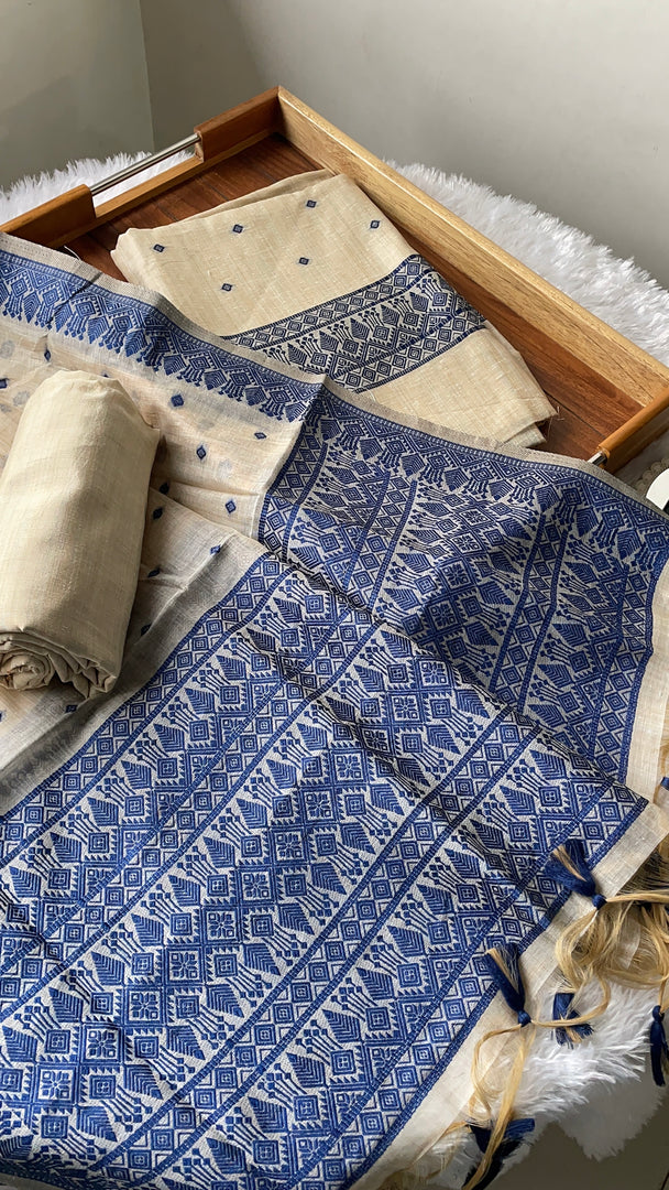 Loomed Luxury Navy Jamdani Muga Cotton Unstitched Suit Set