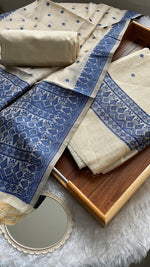 Load image into Gallery viewer, Loomed Luxury Navy Jamdani Muga Cotton Unstitched Suit Set
