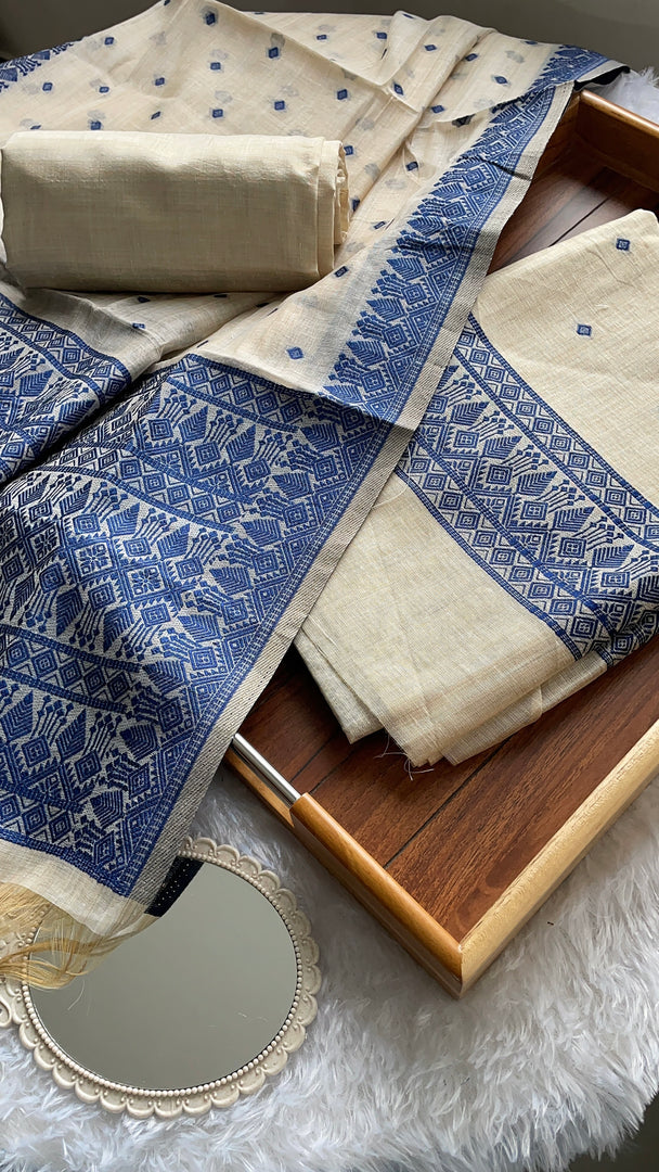 Loomed Luxury Navy Jamdani Muga Cotton Unstitched Suit Set
