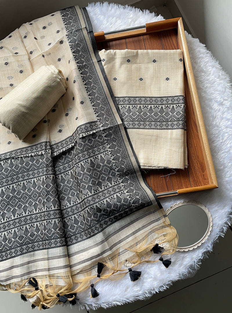 Loomed Luxury Black Jamdani Muga Cotton Unstitched Suit Set