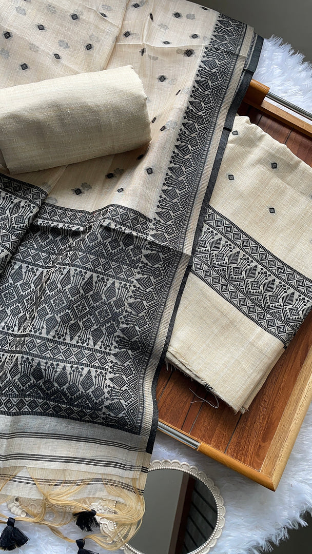Loomed Luxury Black Jamdani Muga Cotton Unstitched Suit Set