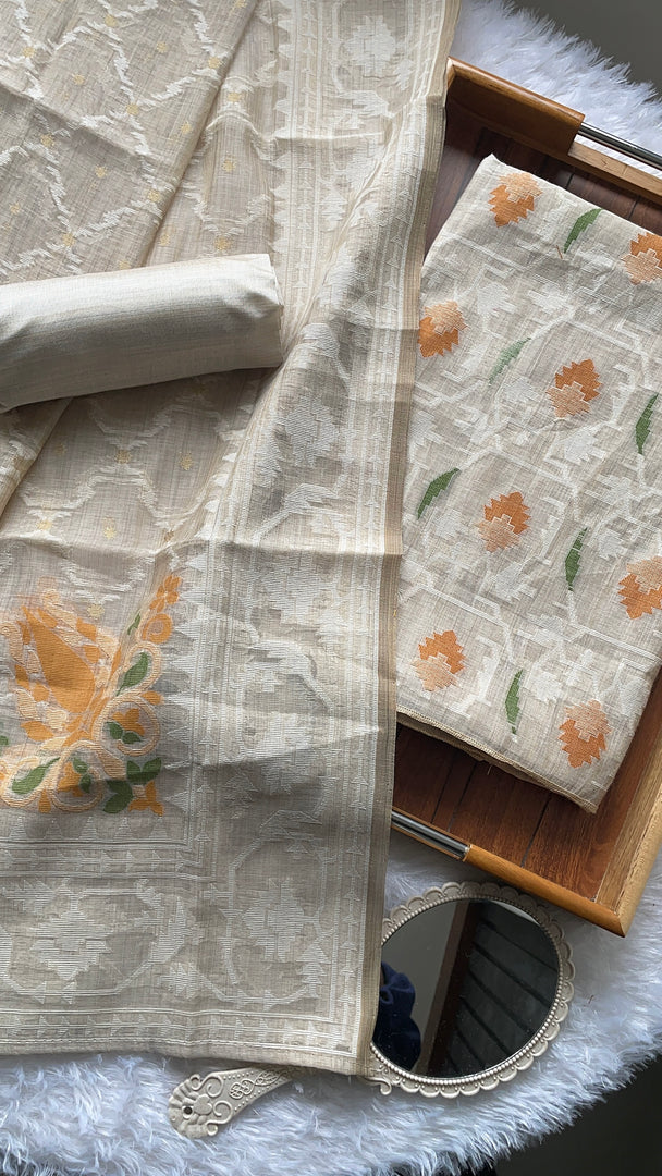 Unveiled Grace Mustard Mul Cotton Jamdani Unstitched Suit Set