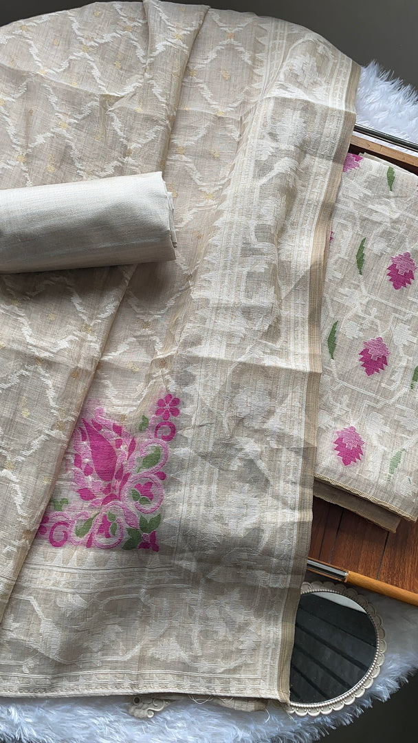 Unveiled Grace Magenta Mul Cotton Jamdani Unstitched Suit Set