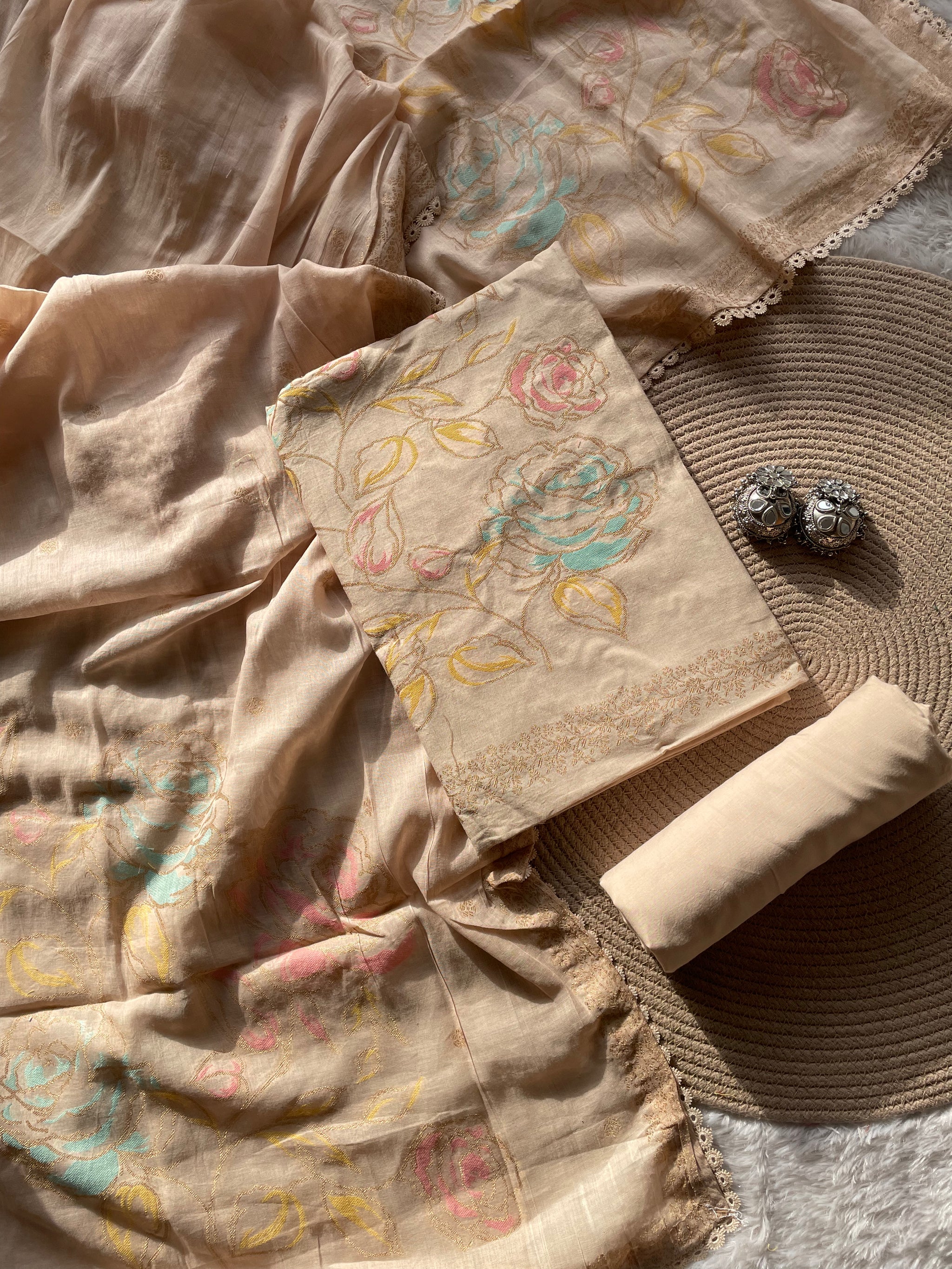 Ivy Grace Beige Pure Cotton Unstitched Suit Set