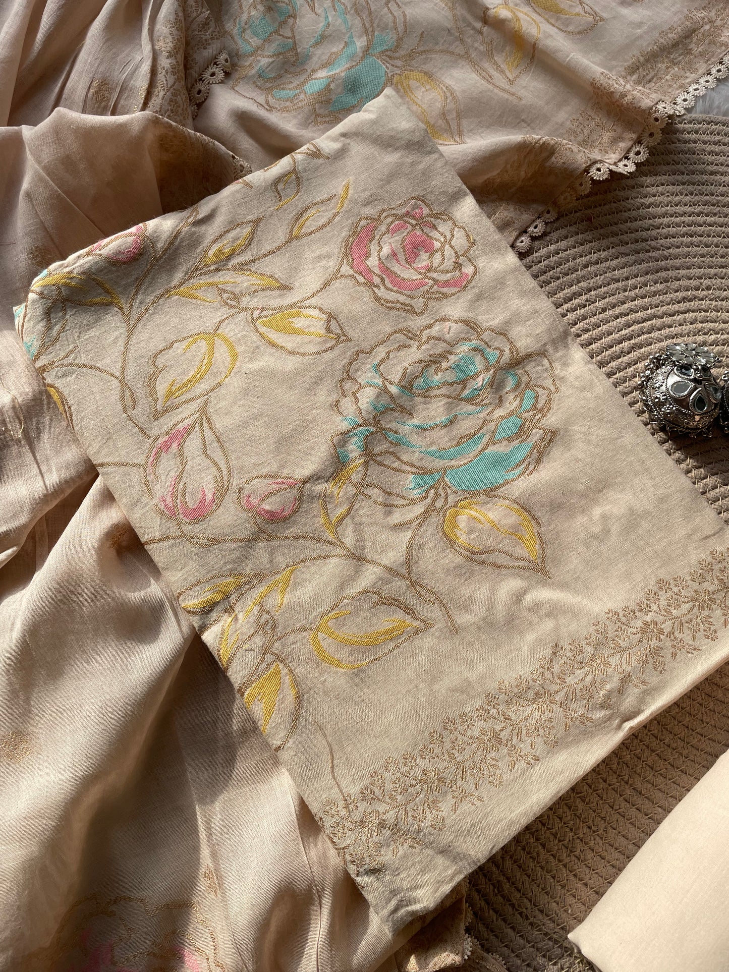 Ivy Grace Beige Pure Cotton Unstitched Suit Set