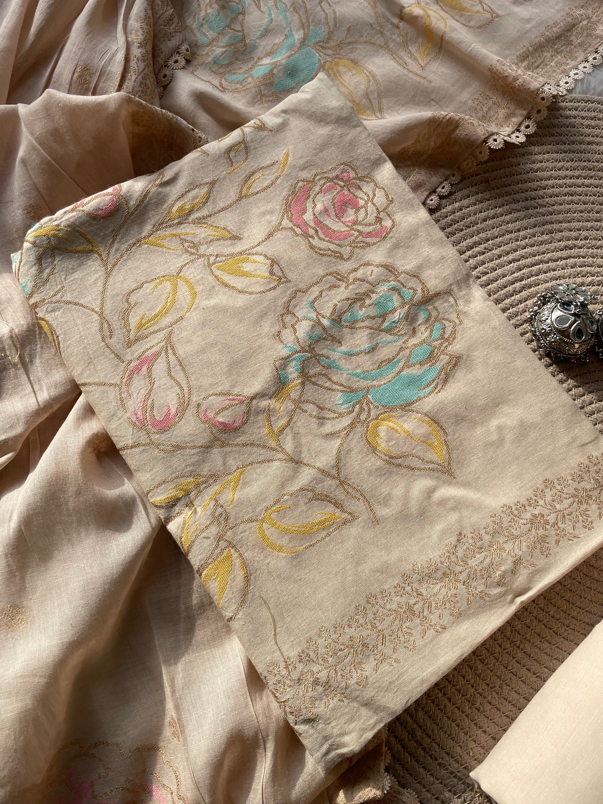 Ivy Grace Beige Pure Cotton Unstitched Suit Set