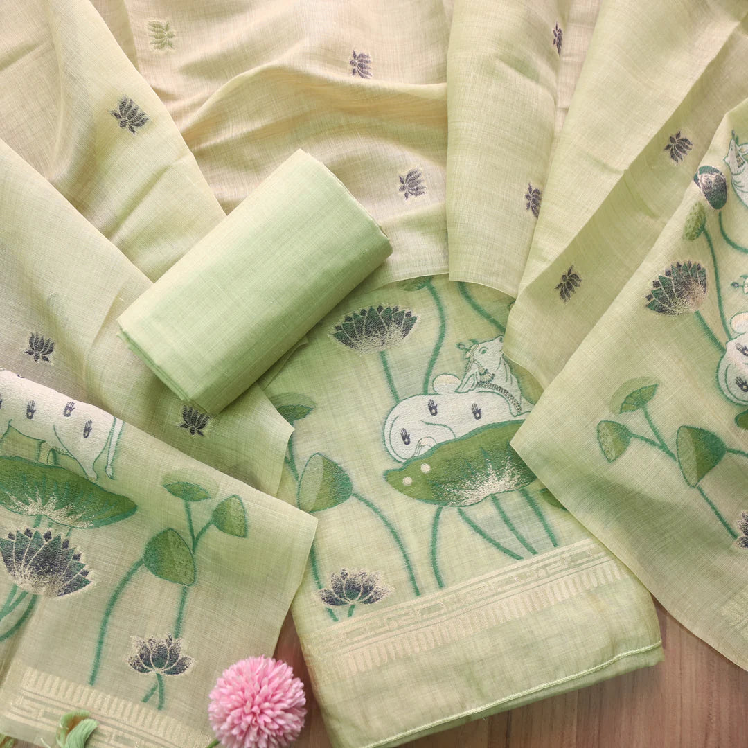 Contemporary Florals Green Muga Cotton Pichwai Jamdani Unstitched Suit Set