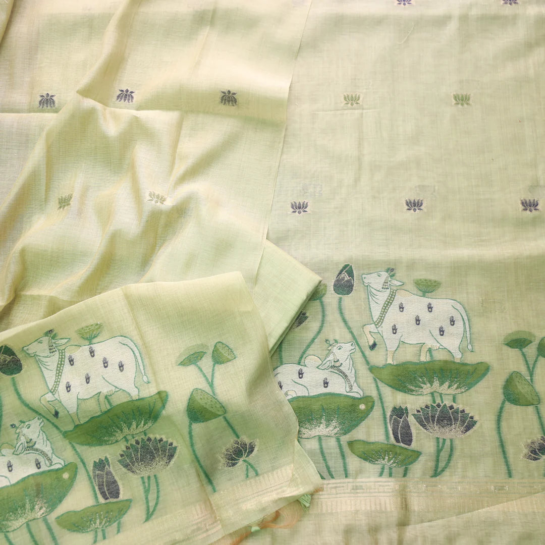 Contemporary Florals Green Muga Cotton Pichwai Jamdani Unstitched Suit Set