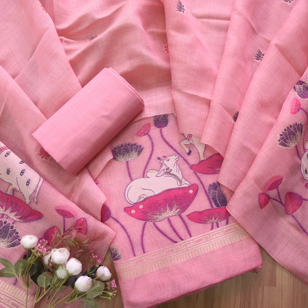 Contemporary Florals Pink Muga Cotton Pichwai Jamdani Unstitched Suit Set