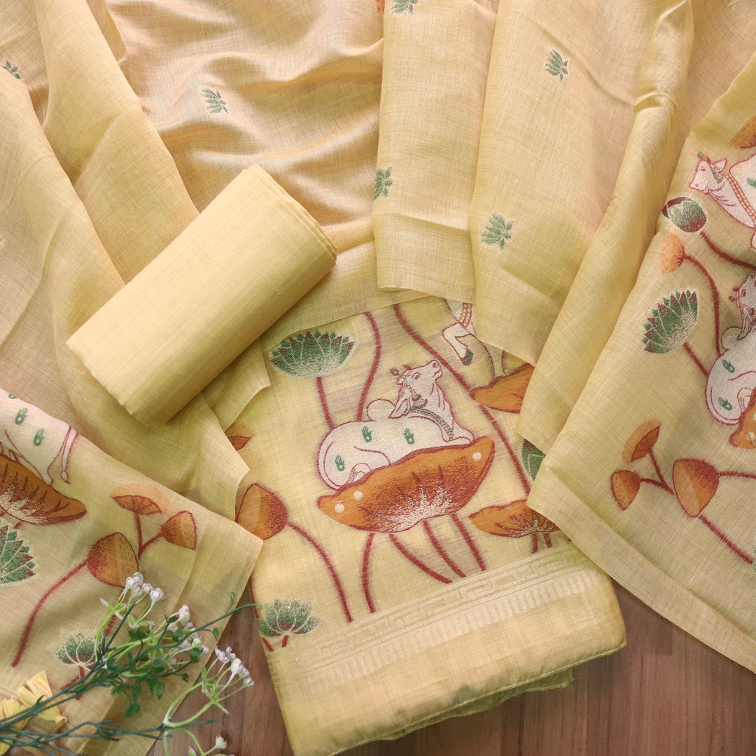 Contemporary Florals Yellow Muga Cotton Pichwai Jamdani Unstitched Suit Set
