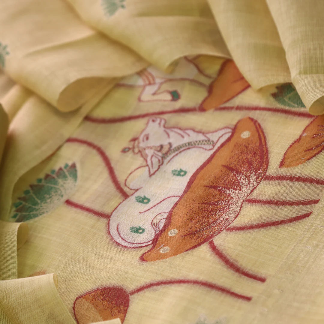 Contemporary Florals Yellow Muga Cotton Pichwai Jamdani Unstitched Suit Set